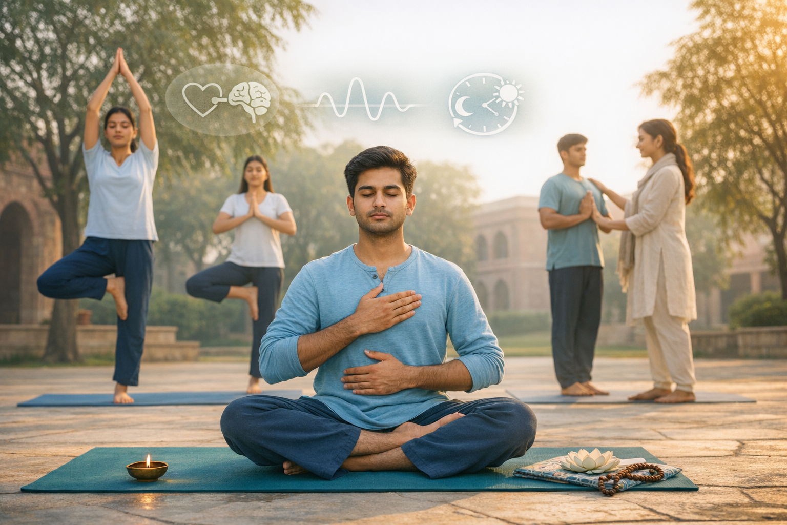 Morning yoga and breathwork in a courtyard: one person meditates cross‑legged as others hold tree pose with a coach; icons show heart–brain health, HRV, and circadian rhythm for mindfulness.