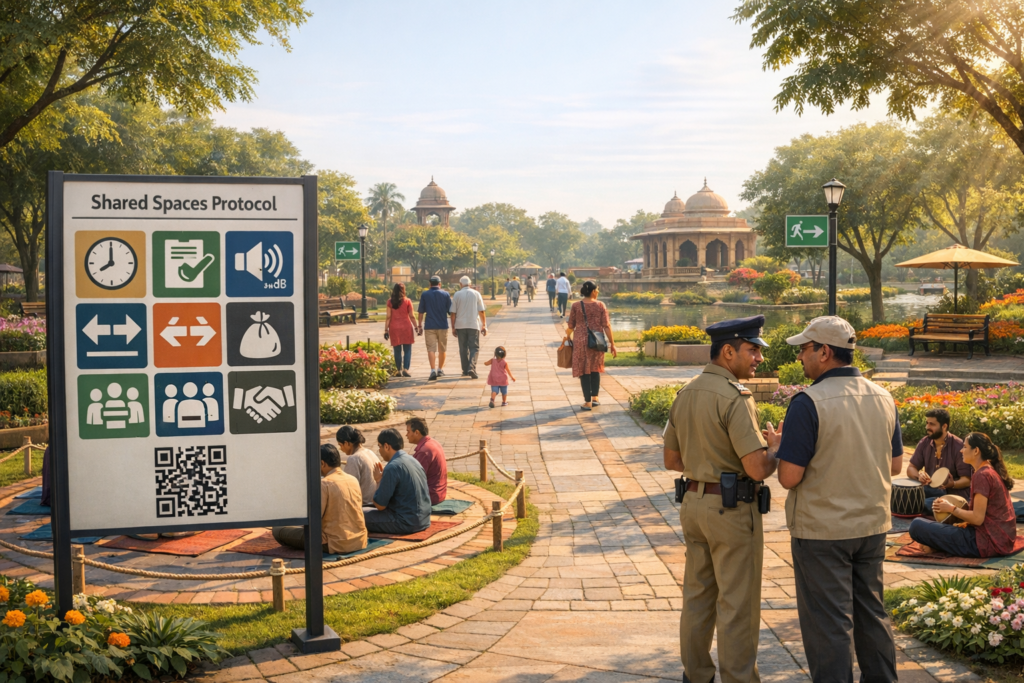 Morning in a public park: a 'Shared Spaces Protocol' sign with icons for noise, distancing, hours, and cleanup. Families walk, small groups sit on mats, and two officials talk beside flower beds.