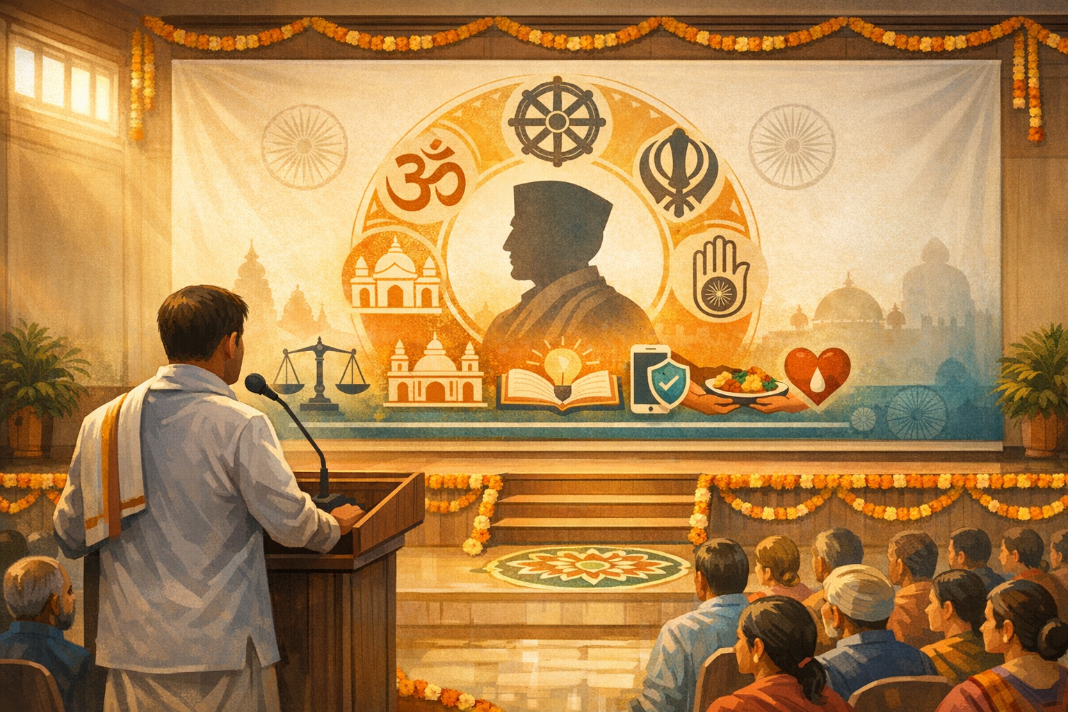 A community speaker addresses a crowd before a mural of Indian symbols: Om, Dharma wheel, Khanda, Jain hand, temples, scales, book, phone, food, and heart, evoking unity and service.