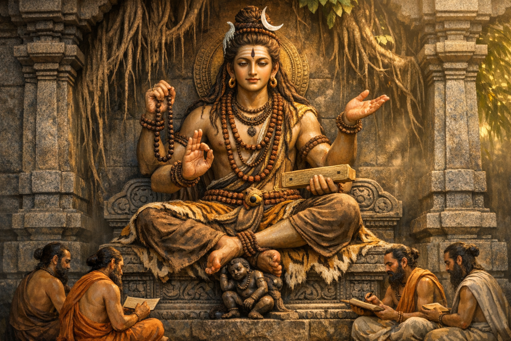 Stone temple artwork of Lord Shiva teaching, seated cross-legged with rudraksha malas and a palm-leaf text, while four rishis write beneath banyan roots; a serene scene of Hindu spirituality and art.