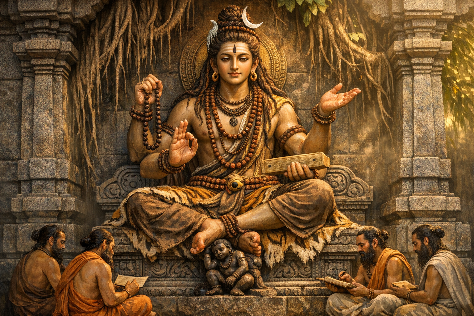 Stone temple artwork of Lord Shiva teaching, seated cross-legged with rudraksha malas and a palm-leaf text, while four rishis write beneath banyan roots; a serene scene of Hindu spirituality and art.