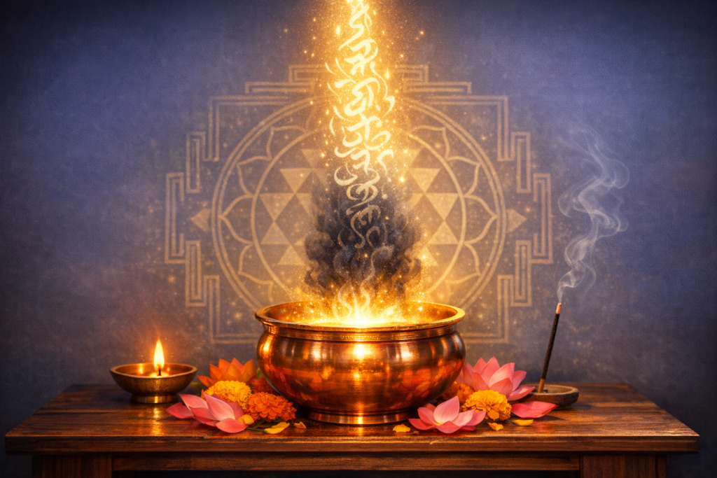 Glowing meditation altar scene with a copper bowl emitting golden light and sparks, framed by lotus and marigold flowers, a lit oil lamp and incense, before a mandala motif on a wooden table.