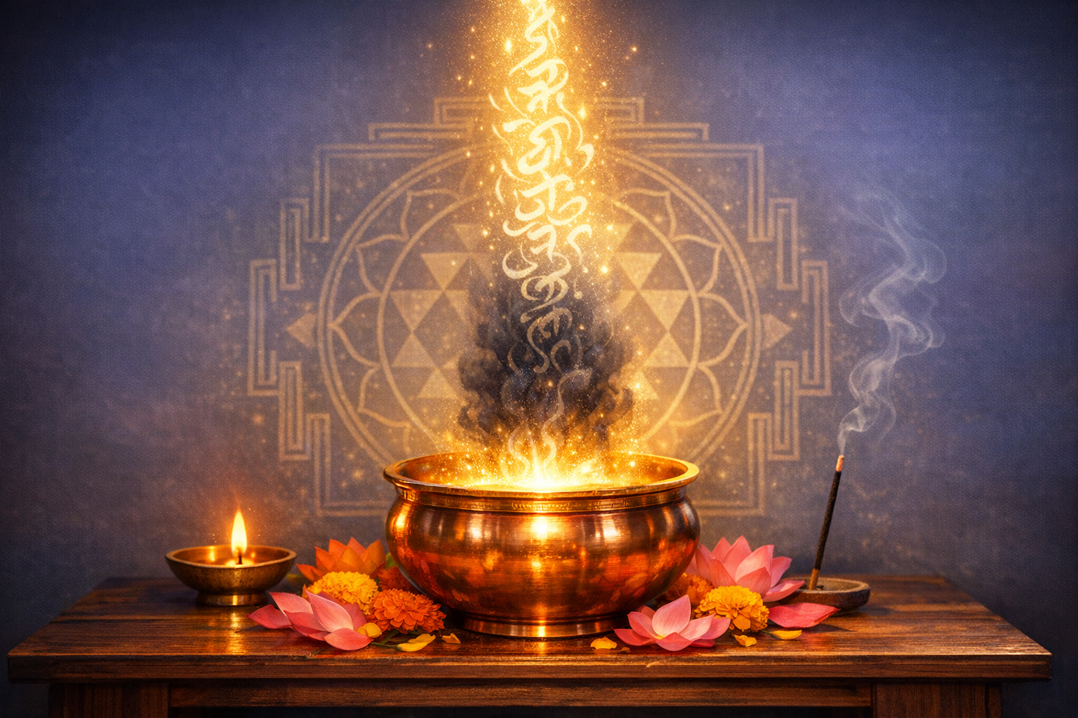 Glowing meditation altar scene with a copper bowl emitting golden light and sparks, framed by lotus and marigold flowers, a lit oil lamp and incense, before a mandala motif on a wooden table.