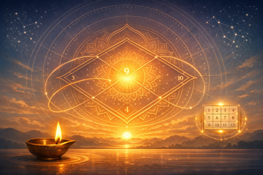 Golden Vedic astrology and numerology scene: diya lamp by a sunrise lake, constellations overhead, a 12-house chart with the number 9 glowing at center—symbolic art for {post.categories} insights.