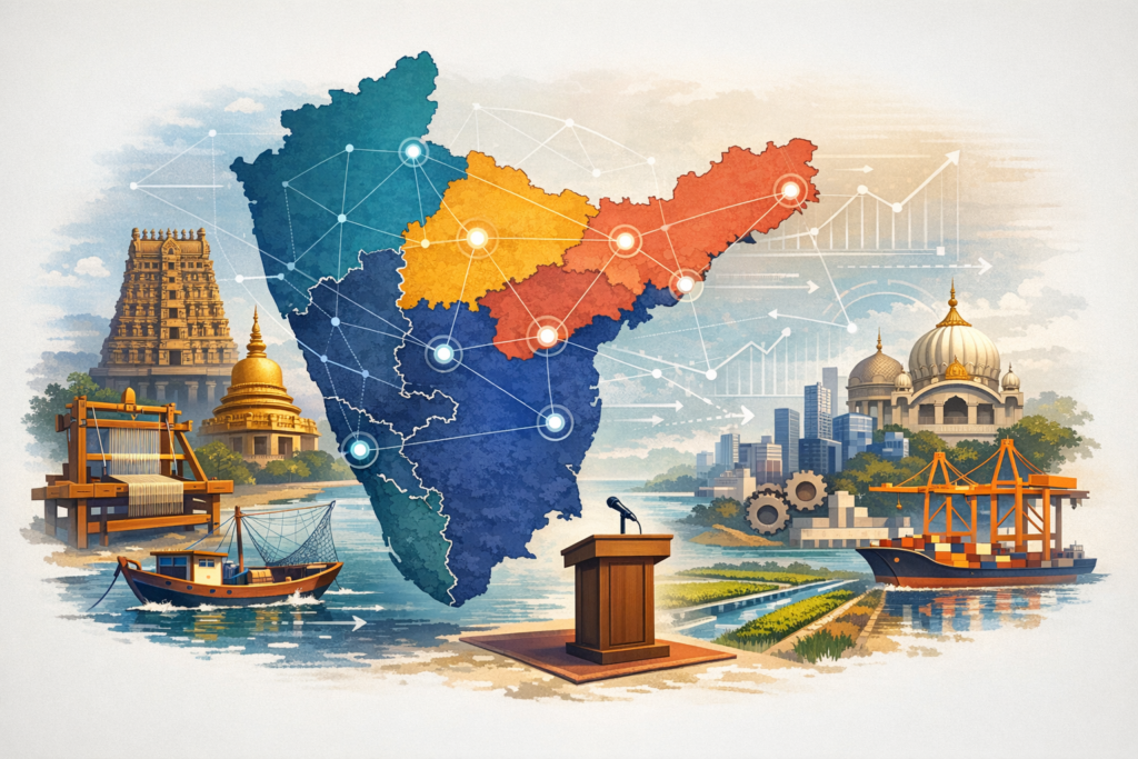 Illustrated map of South India with linked nodes, flanked by temples, a loom, fishing boat, cranes, and a container ship, illustrating connectivity, trade, logistics, policy, and infrastructure.