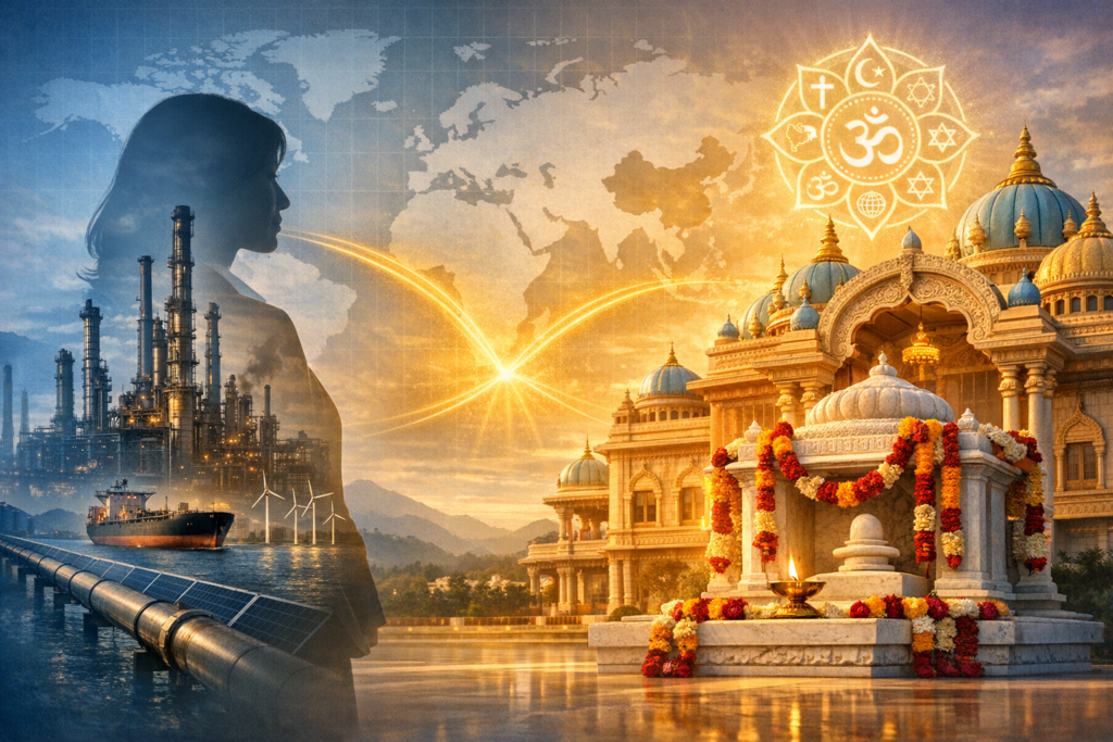 Silhouette near refinery, ship, wind turbines, and solar panels linked by golden arcs to a garlanded Hindu temple under a world map and interfaith icons; energy, trade, culture; {post.categories}.