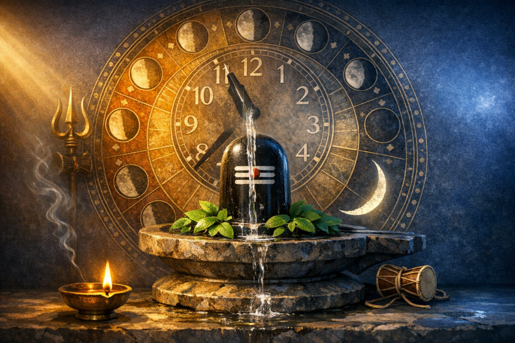 Black stone Shiva lingam with three white stripes and a red bindi, bathed by a water stream and ringed with green leaves, set before a zodiac clock of moon phases, with a trident, damaru, and oil lamp nearby.