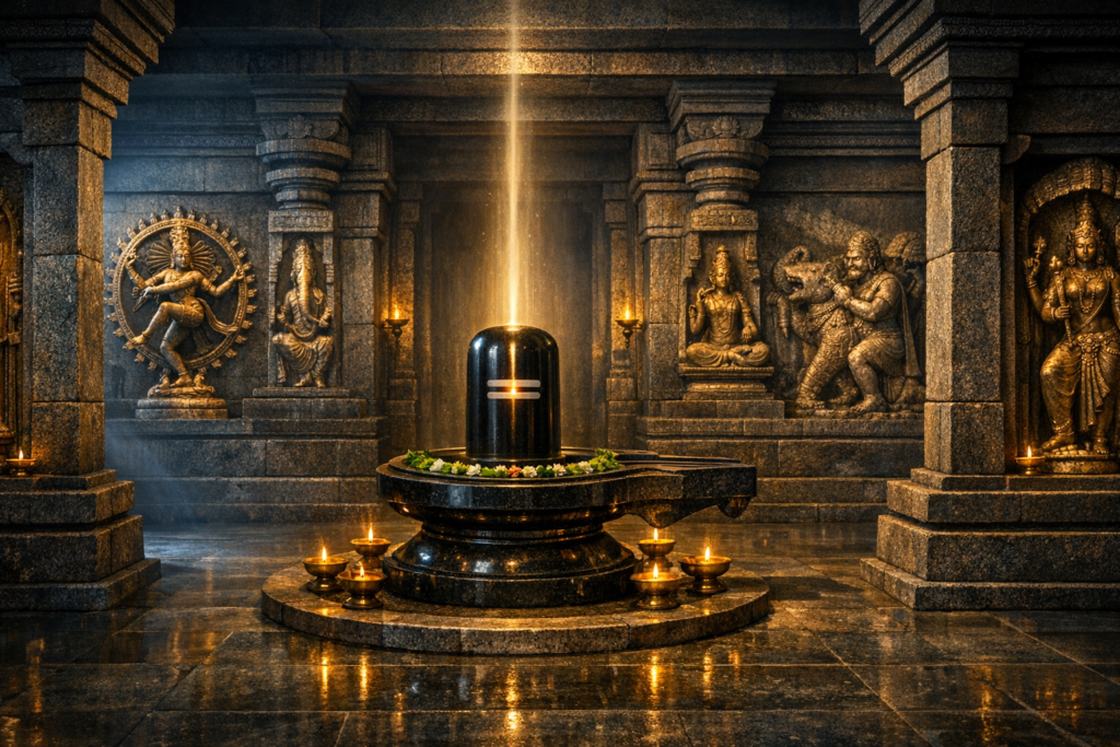 Shiva Lingam in a Hindu stone temple sanctum, bathed in a golden shaft of light, surrounded by carved deities and glowing oil lamps on a polished floor, with flowers and bilva leaves at the base.