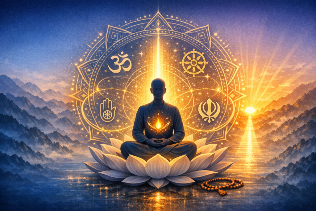 Serene figure meditating on a lotus before a radiant mandala at sunrise, with Om, Dharma Wheel, Khanda, and Jain hand symbols around them; a mala rests nearby - mindfulness, meditation, spirituality.