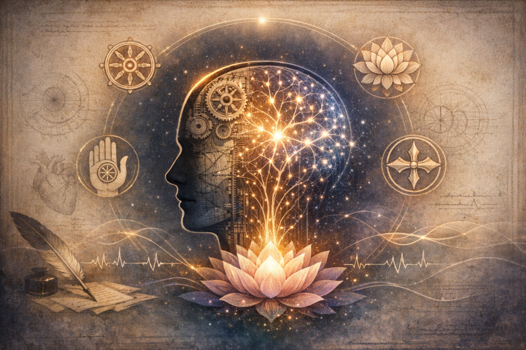 Illustration of a human profile with gears and a glowing neural network blooming from a lotus, encircled by a compass, hand, ECG line, and quill, evoking mindfulness, meditation, and neuroscience.