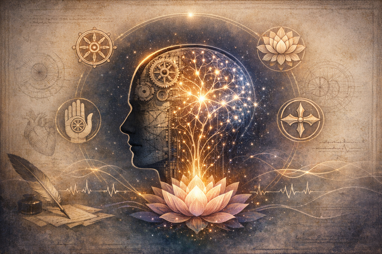 Illustration of a human profile with gears and a glowing neural network blooming from a lotus, encircled by a compass, hand, ECG line, and quill, evoking mindfulness, meditation, and neuroscience.
