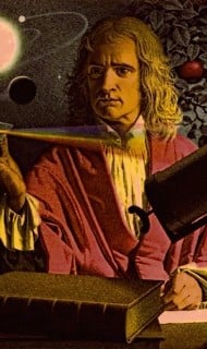 Sepia-toned illustration of a 17th-century scientist in a crimson robe examining a glass prism at a desk, with stylized planets behind, symbolizing God and Science and the harmony of faith and reason.
