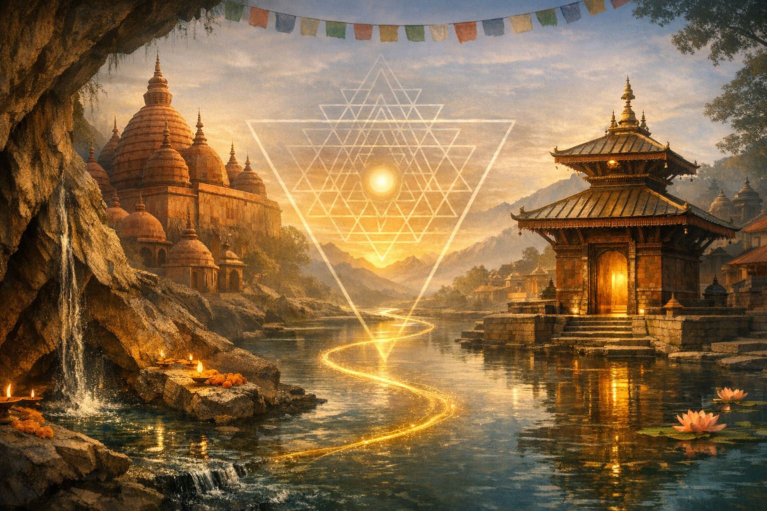 Riverside temples at sunset with lotus blooms, prayer flags, and flickering diyas by a waterfall; mountains beyond. A glowing Sri Yantra and light path overlay evoke sacred geometry and meditation.