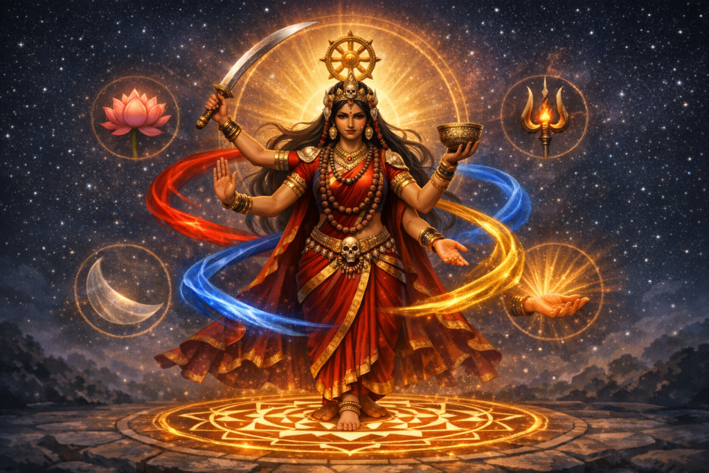 Digital artwork of a multi-armed Hindu goddess in a red sari, standing on a mandala with sword and bowl, haloed by light, lotus, trident, and crescent moon amid stars, evoking Shakti and Navaratri.