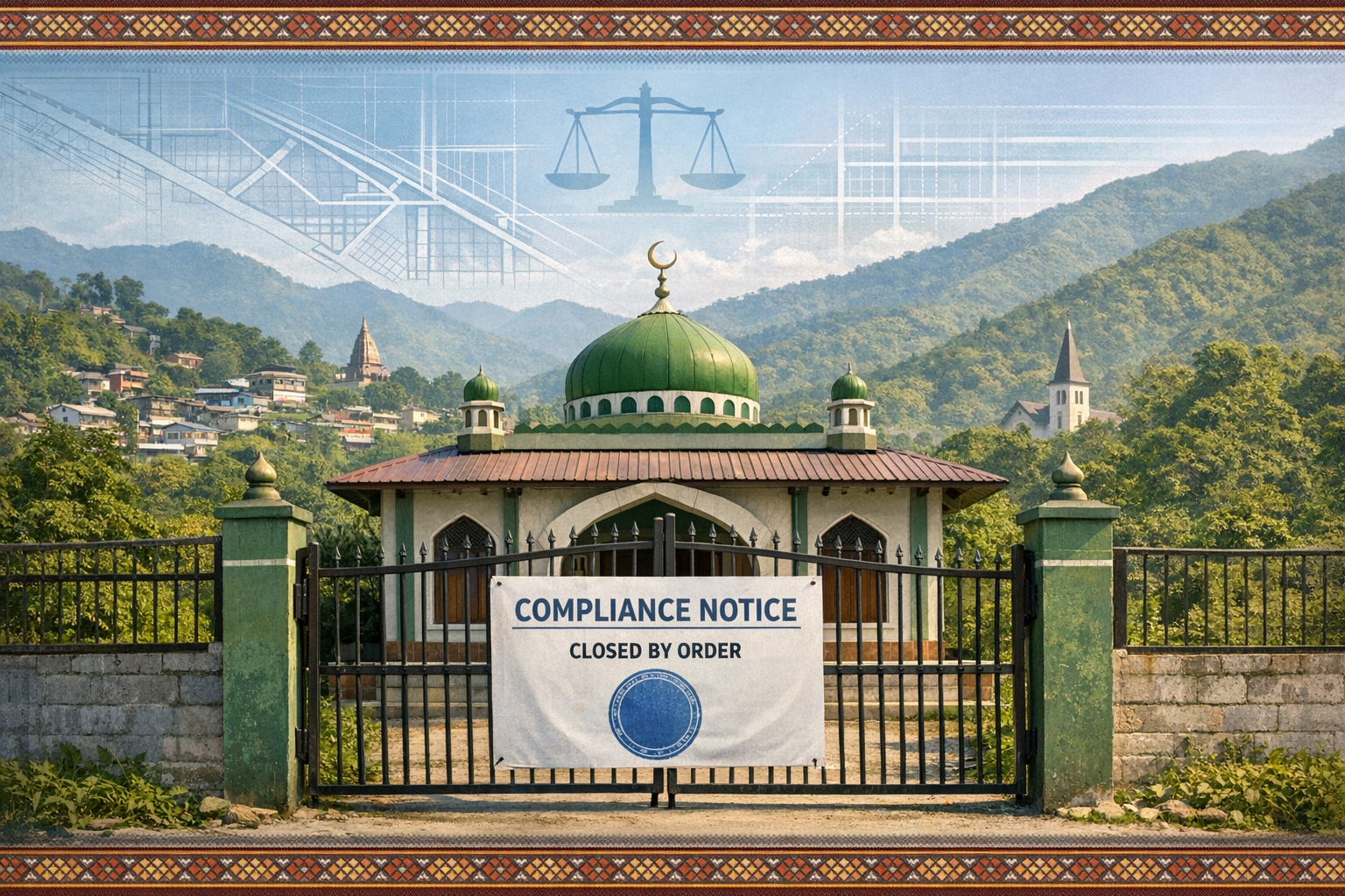 Gated mosque with green domes in a mountain town; a banner reads 'Compliance Notice - Closed by Order.' Nearby hillside homes and a distant church steeple sit beneath a faint justice-scale graphic.