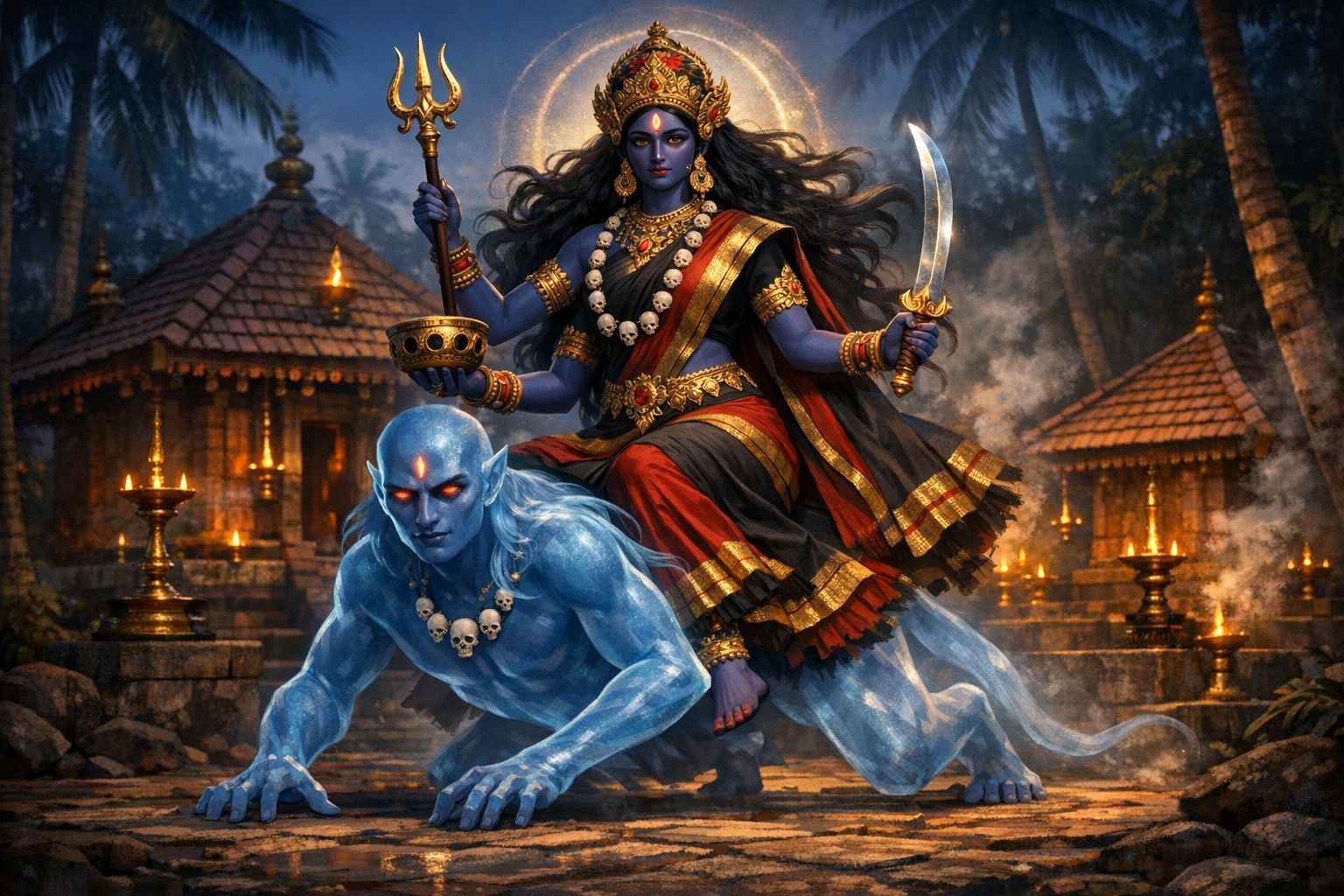 Fierce Hindu goddess in black-red sari, crowned and haloed, brandishing trident and curved sword while subduing a blue demon in a lamp-lit temple courtyard, a symbol of Shakti and protection.