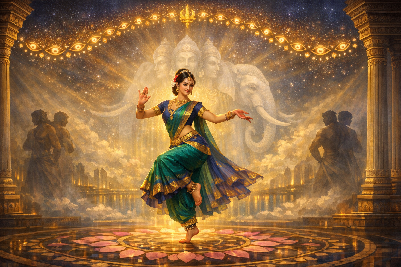A classical Indian dancer in a green-blue sari performs a Bharatanatyam-inspired pose on a glowing lotus mandala, framed by temple pillars, celestial deities, and an elephant motif under a starry sky.