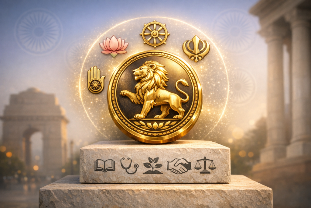 Golden lion medallion with halo, flanked by lotus, dharma wheel, khanda, and Jain hand, on a stone plinth etched with icons for education, healthcare, growth, unity, and justice before India Gate.