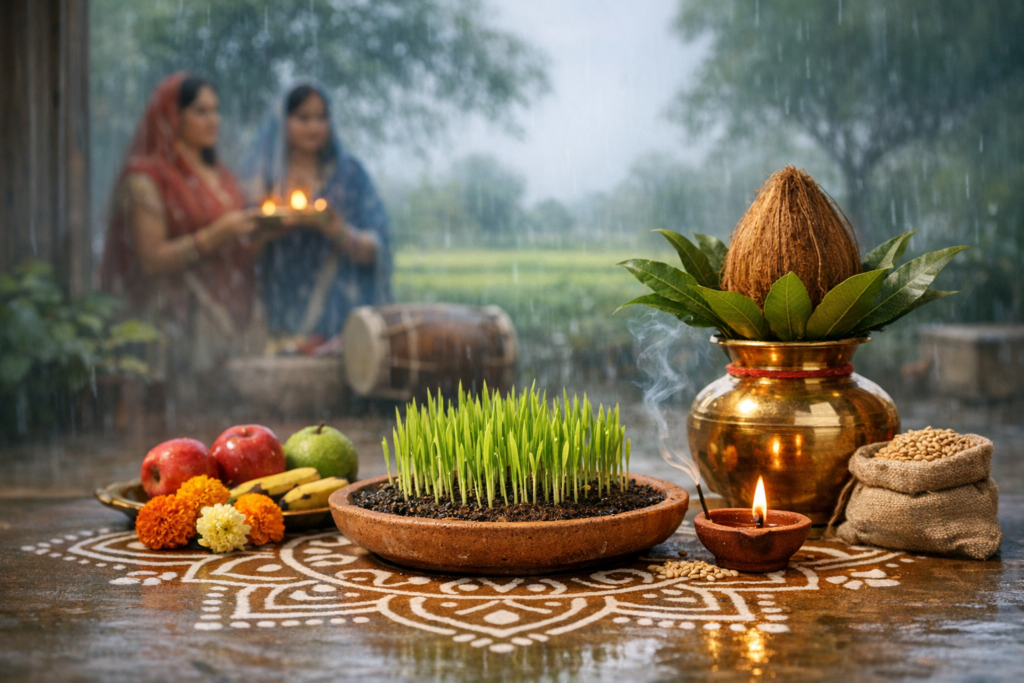 On a rain-soaked courtyard, a brass kalash with coconut and mango leaves sits beside a lit diya, incense, grain sprouts, fruit, and marigolds, while two women hold an aarti tray at an Indian festival.