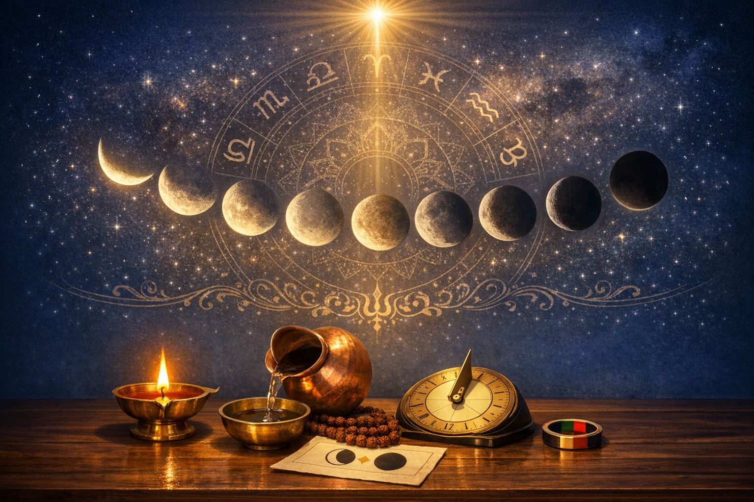 Starry zodiac wheel with the moon's phases overhead, above a table with a brass oil lamp, copper water pot, mala beads, eclipse card, and a brass sundial; astrology and lunar cycle theme.