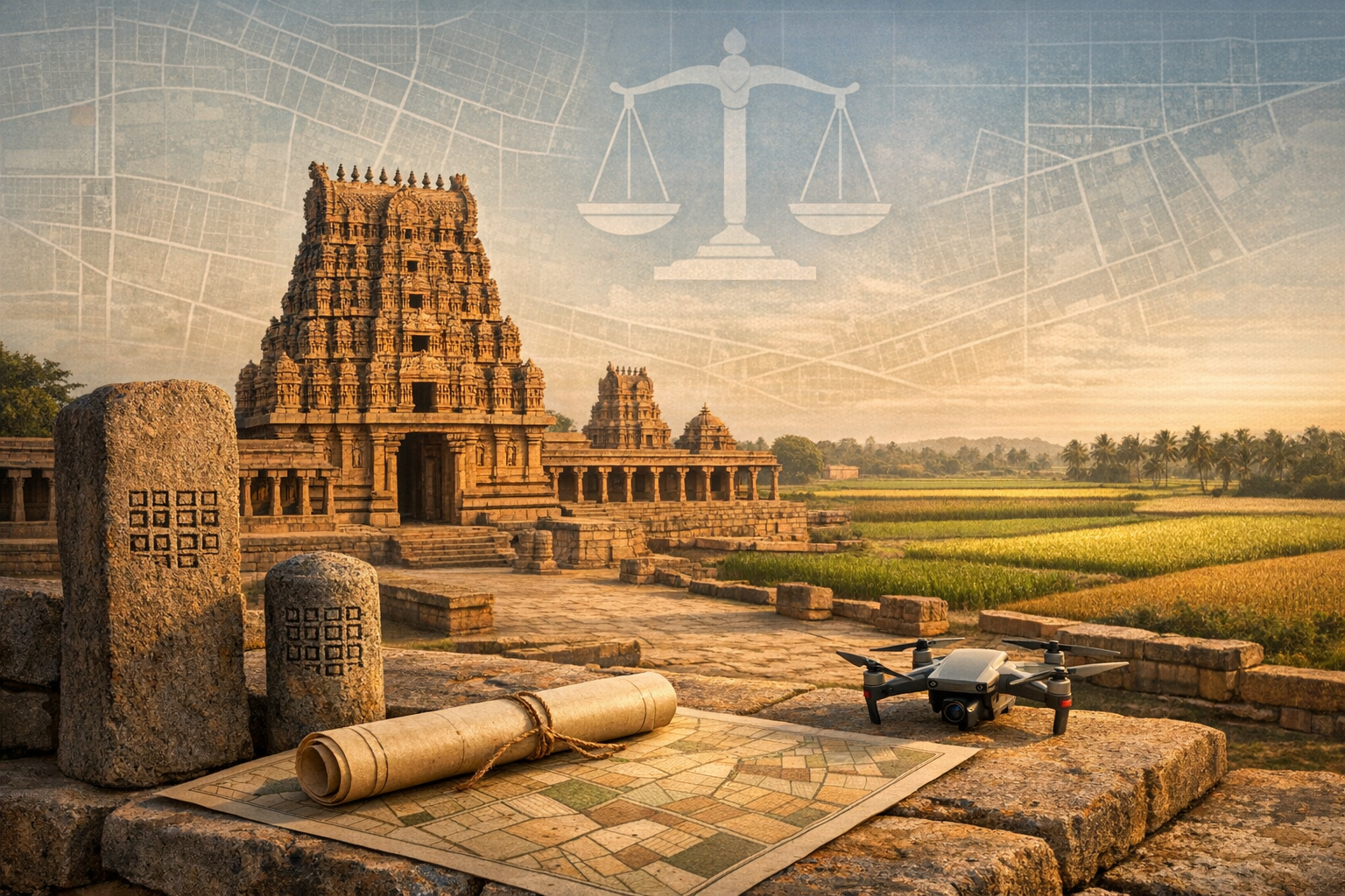 Ancient stone temple beside rice fields, with granite boundary markers etched with grids, a rolled cadastral map, and a survey drone; justice scales hint at land records, GIS, property law.