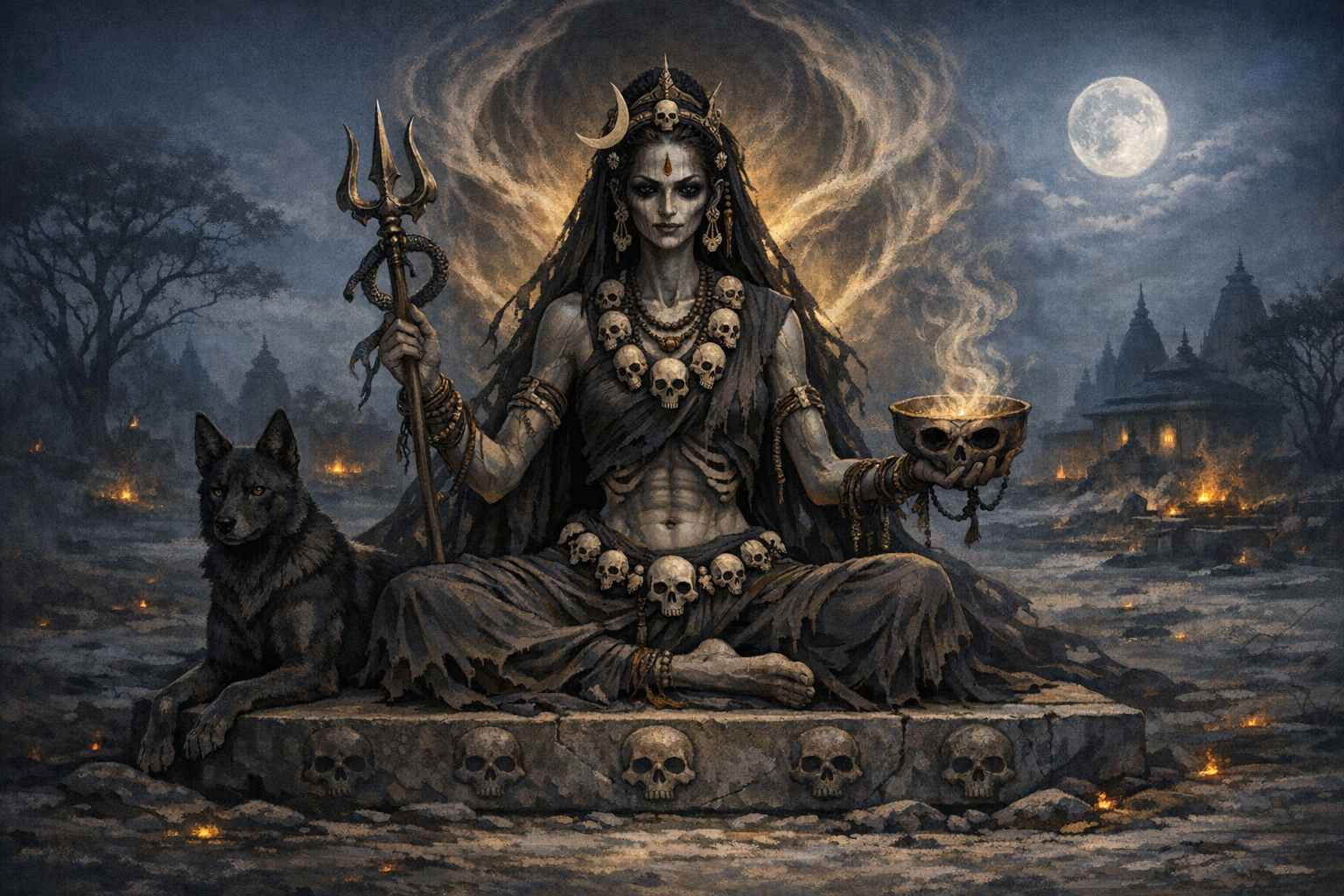 Moonlit illustration of a fierce goddess in Kali iconography, seated on a skull-lined altar with trident and smoking skull bowl, a black jackal beside her, cremation fires and distant temple silhouettes.