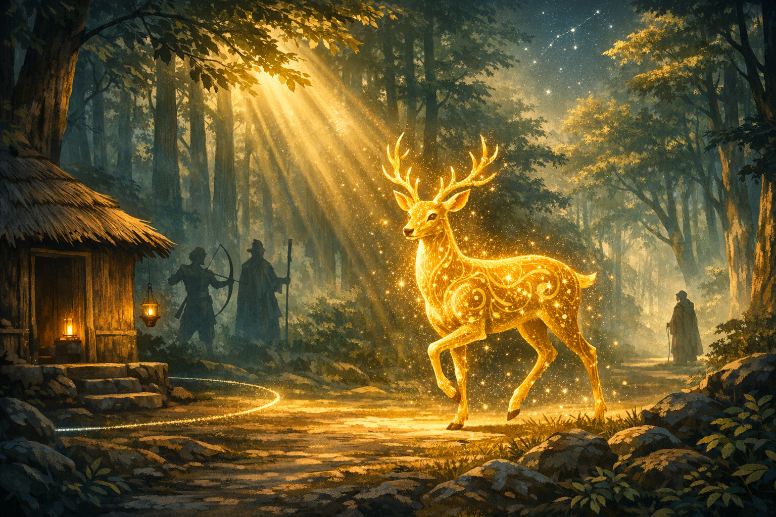 Glowing golden stag with swirling patterns walks along a forest path in a fantasy woodland; sunbeams filter through tall trees as a lantern-lit hut and two shadowed travelers watch nearby.
