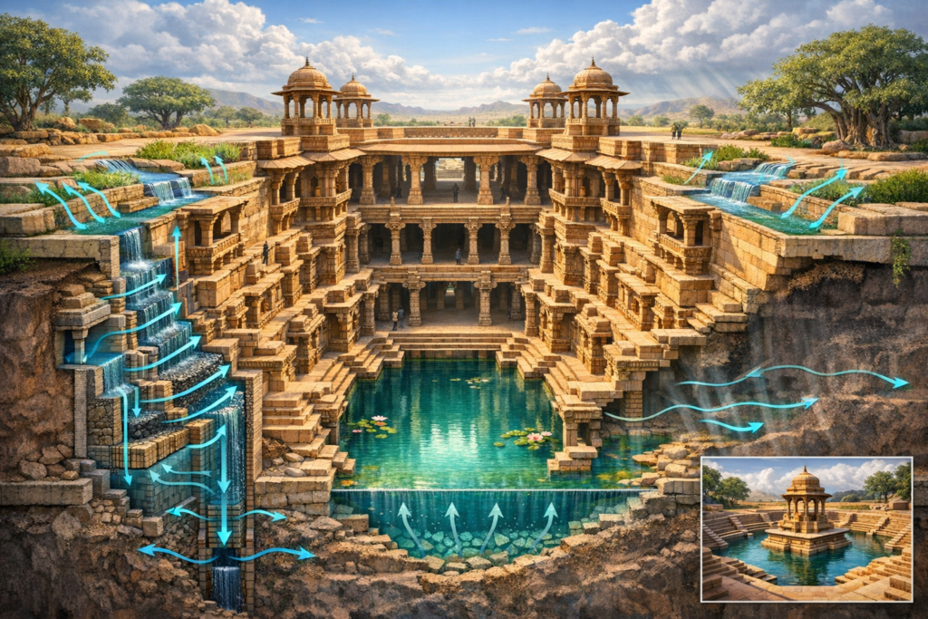 Ornate stone stepwell with tiered arcades and domed pavilions around a turquoise pool; blue arrows show rainwater harvesting, filtration, aquifer recharge, and cooling—sustainable architecture.
