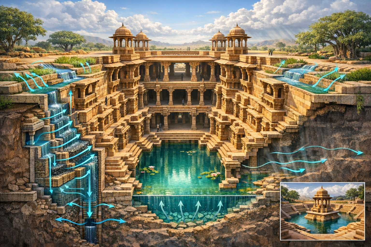 Ornate stone stepwell with tiered arcades and domed pavilions around a turquoise pool; blue arrows show rainwater harvesting, filtration, aquifer recharge, and cooling—sustainable architecture.