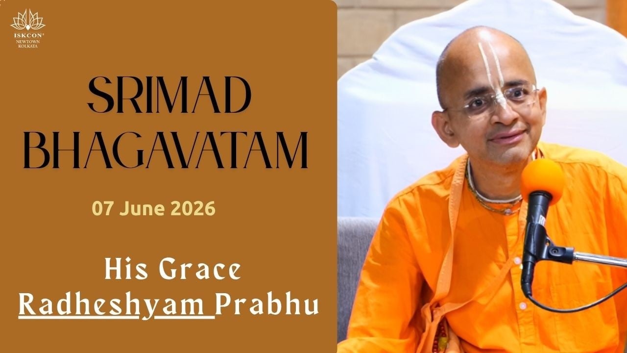 Promotional poster for a Srimad Bhagavatam class, showing a saffron-robed monk at a mic beside bold title text and date, with ISKCON Newtown Kolkata logo on a warm brown background; testing category.