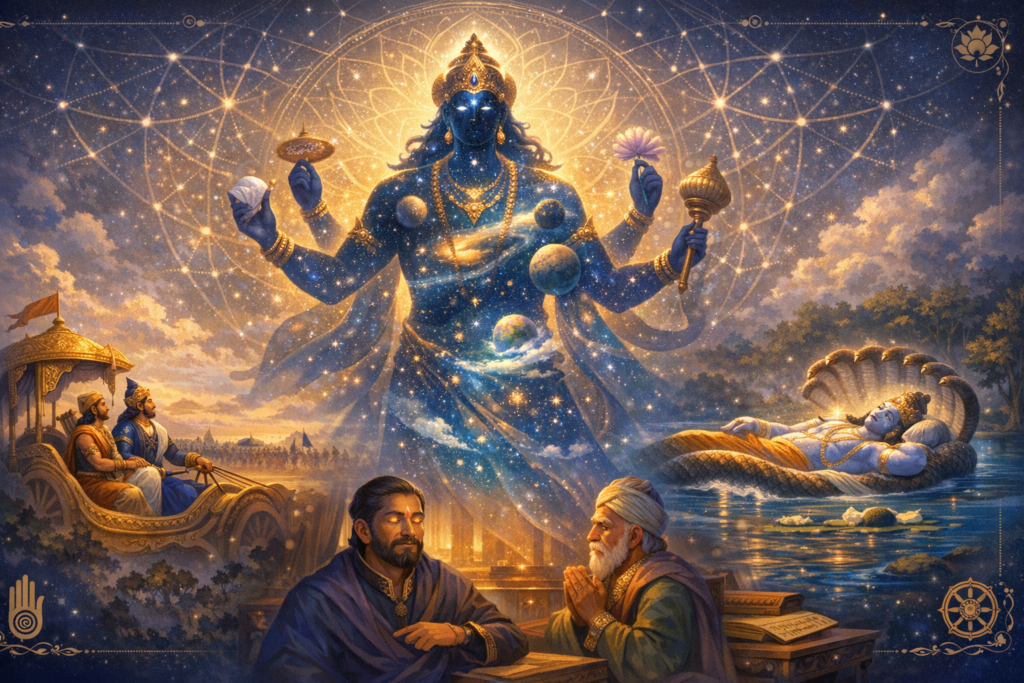 Star-filled, blue multi-armed deity—Vishnu’s cosmic form—holds conch, discus, lotus, and mace; planets glow within his body, with Krishna and Arjuna’s chariot and a reclining god on serpent nearby.