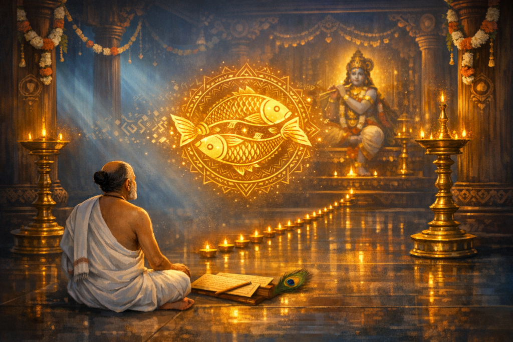 Illustration of an elderly sage in a white dhoti meditating before a glowing Pisces zodiac mandala in a lamp-lit Hindu temple, facing a Krishna idol, with diyas, palm-leaf texts, and a peacock feather.