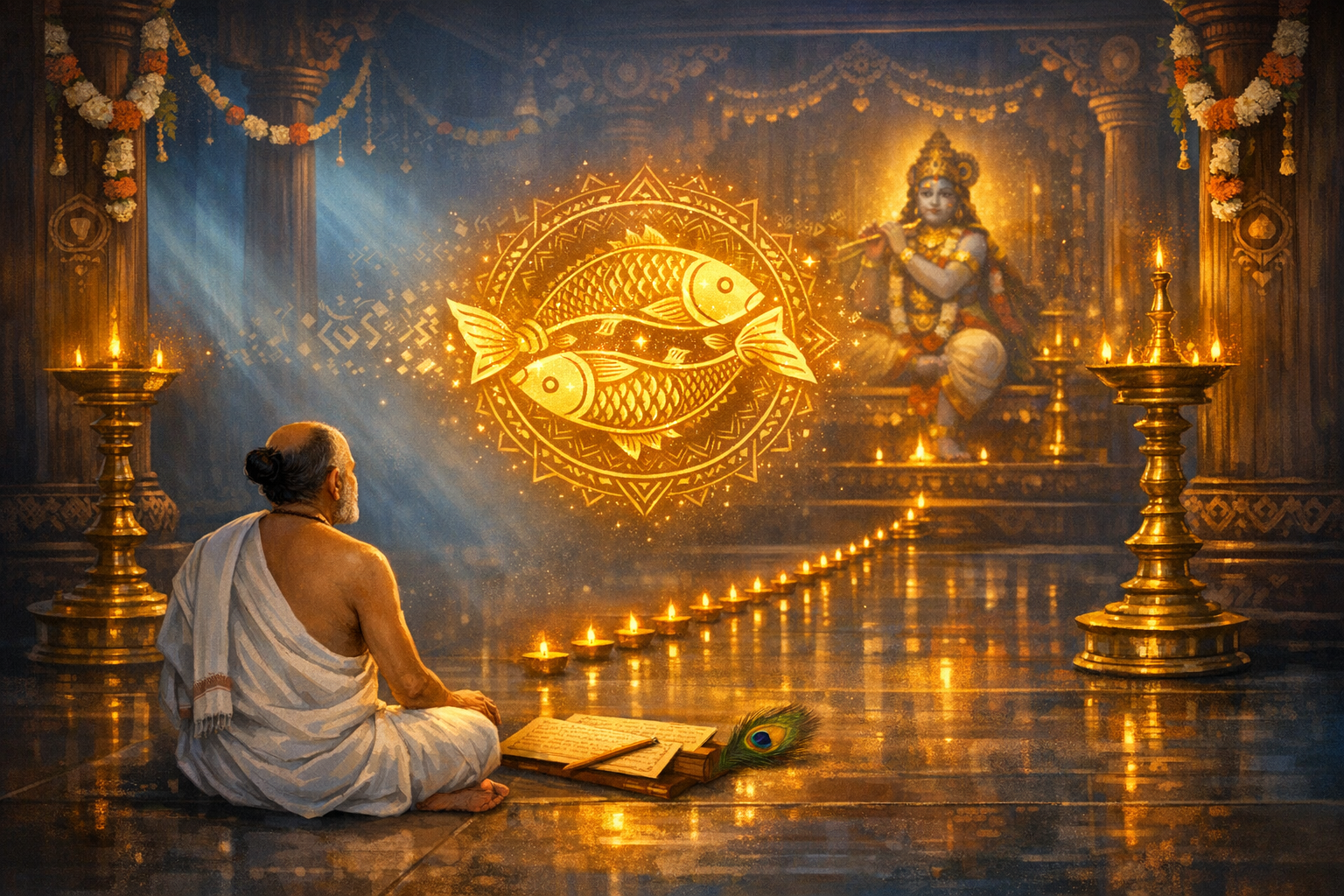 Illustration of an elderly sage in a white dhoti meditating before a glowing Pisces zodiac mandala in a lamp-lit Hindu temple, facing a Krishna idol, with diyas, palm-leaf texts, and a peacock feather.