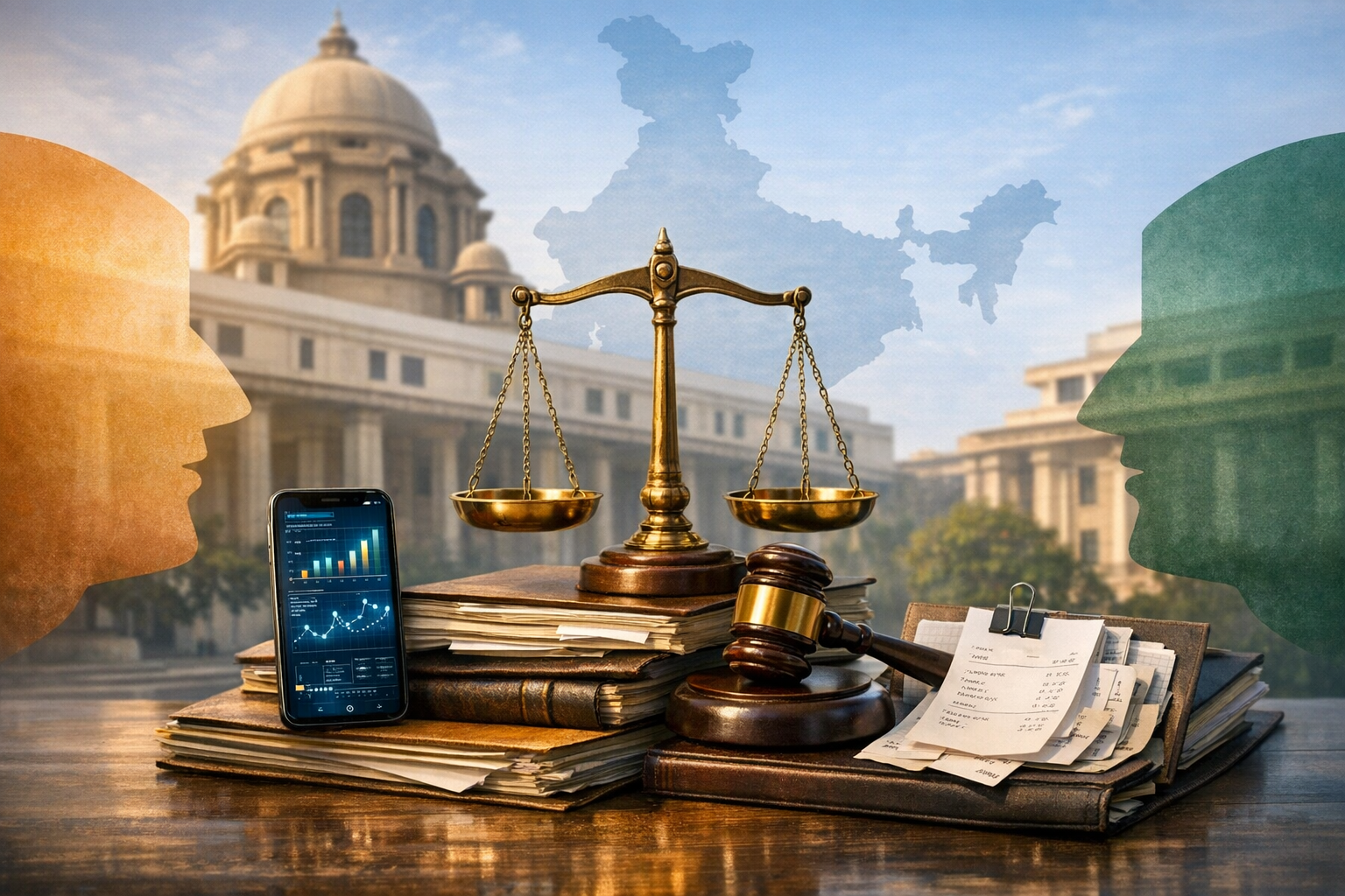 Scales of justice and a gavel rest on case files beside a phone with financial charts, set before Indian government buildings and a map of India, signaling law, regulation, taxation, and policy.