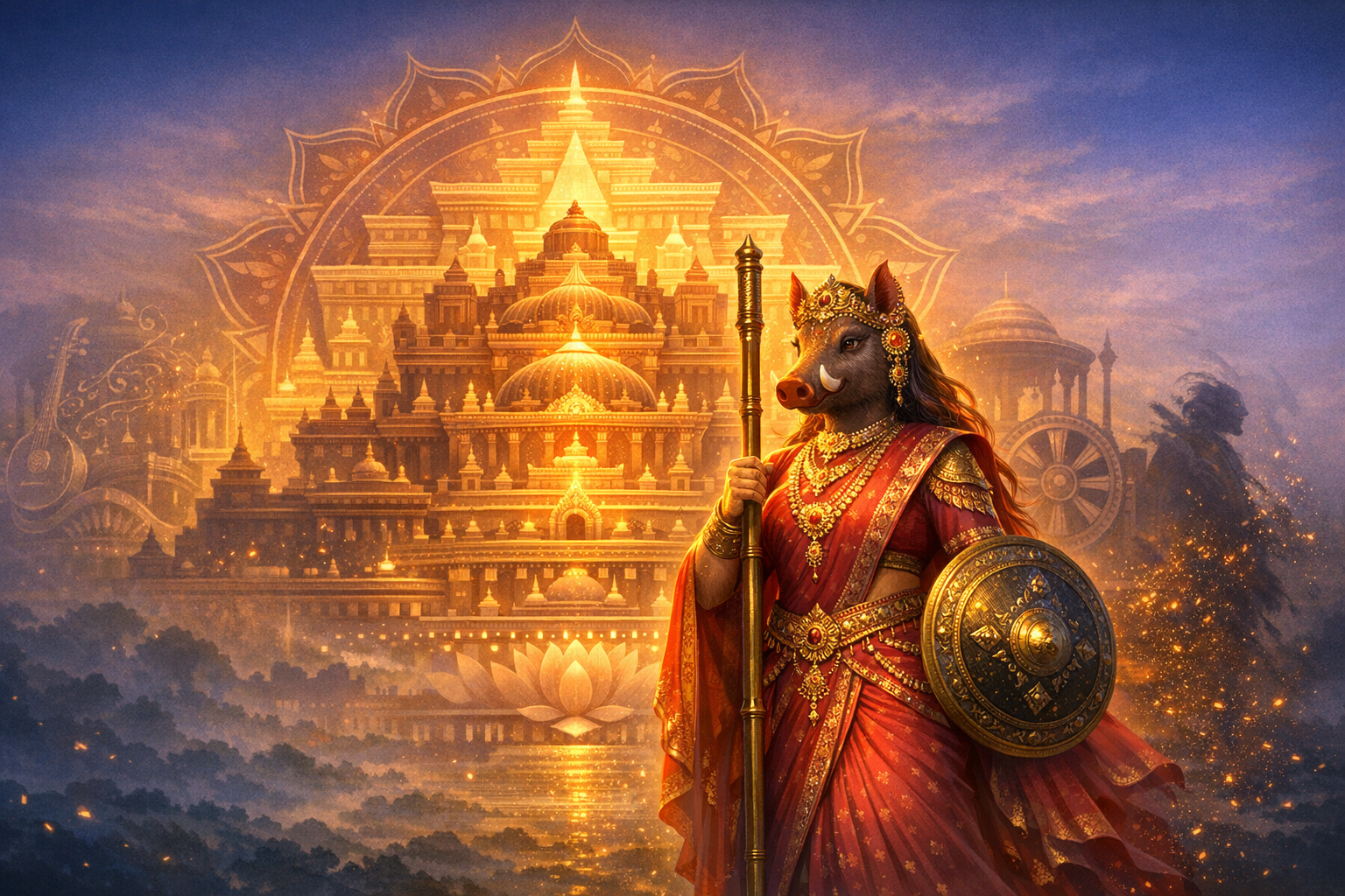 Illustration of a boar-headed warrior goddess in a red sari, jeweled and armored, holding a spear and round shield before a radiant Indian temple, mandala, and lotus; Hindu mythology, Varahi, Shakti.