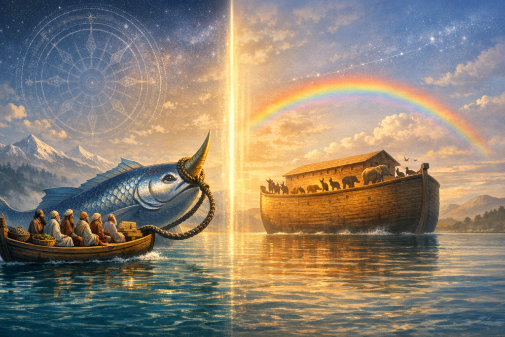 Illustration juxtaposing flood myths: a giant horned fish towing a boat of robed figures beside an ark with animals under a rainbow, a glowing seam dividing scenes; evokes Matsya and Noah's Ark.
