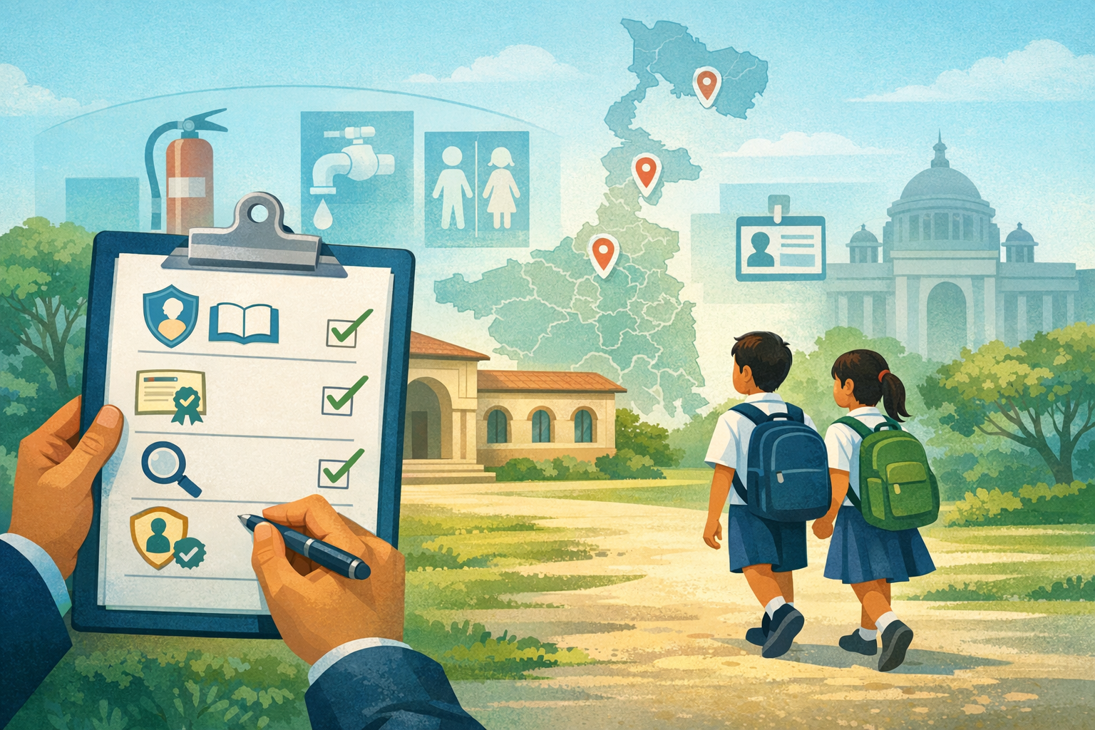 Illustration of two schoolchildren walking to a campus, with a clipboard checklist, safety icons, and a West Bengal map highlighting school infrastructure, compliance, sanitation, and student safety.