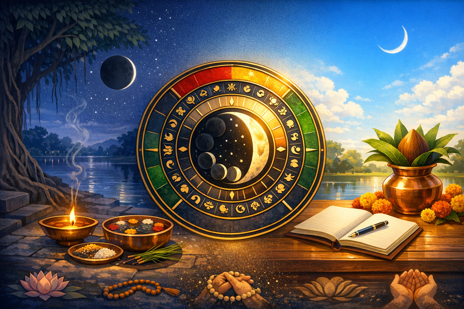 Vedic astrology illustration: a golden zodiac wheel with lunar phases beside a puja altar with diya, flowers, kalash, beads, and an open journal under split night-to-day skies with crescent moons.