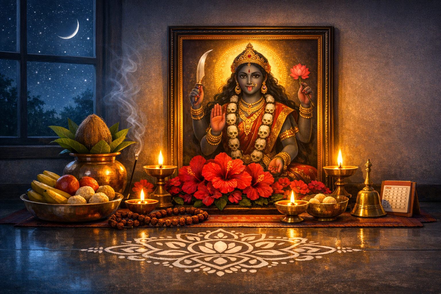 Home shrine for Kali Puja: framed image of Goddess Kali with halo, diyas lit, red hibiscus, kalash with coconut, fruits and laddus, incense smoke, rangoli on the floor, and a crescent moon outside.