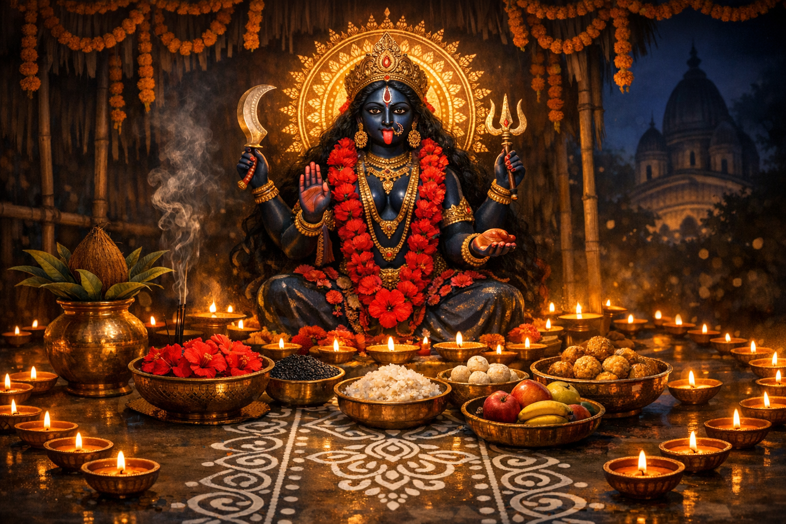 Devotional altar of goddess Kali, haloed and garlanded with red hibiscus, seated with tongue out, trident and curved sword, amid flickering diyas, incense, rangoli, and brass bowls of prasad, fruit.