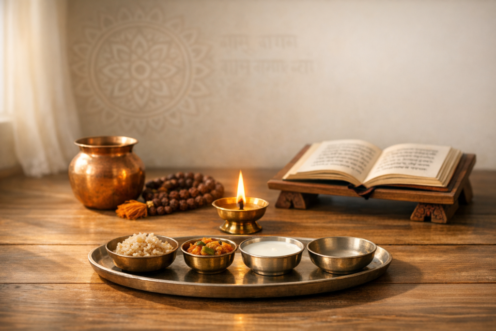 Brass puja thali with bowls of rice, vegetable curry, yogurt, and water set before a lit diya, copper kalash, rudraksha mala, and an open scripture on a carved wooden stand in soft light.