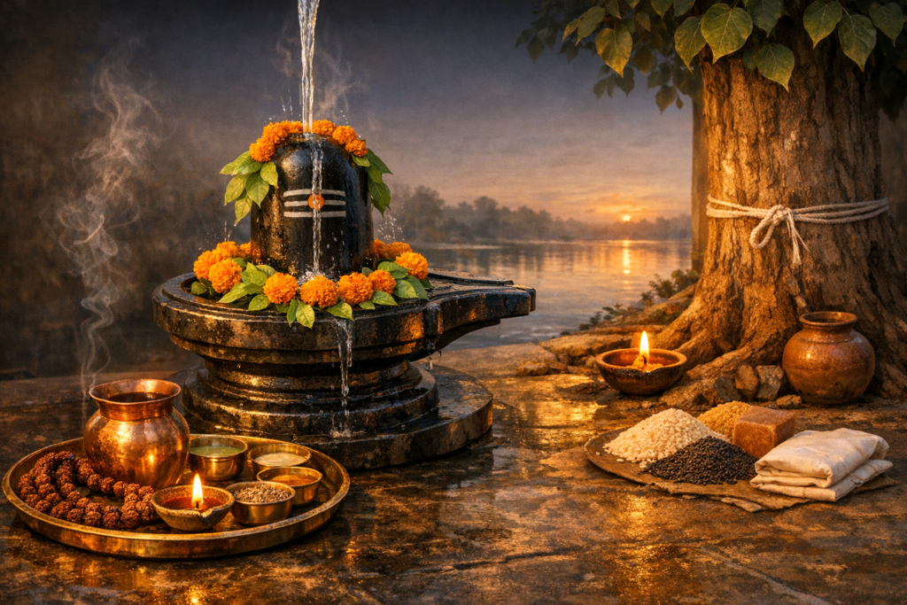 Riverside shrine at sunset with Shiva lingam garlanded in marigolds, water abhishekam flowing, diyas aglow, copper kalash, rudraksha, grains and offerings under a peepal tree; {post.categories}
