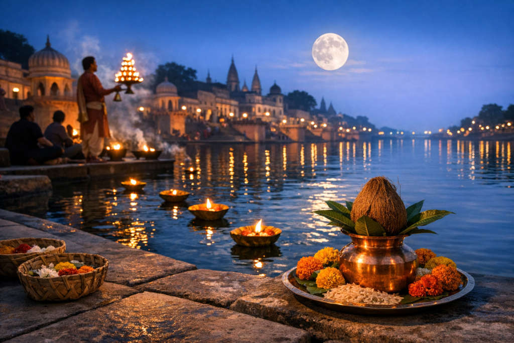 Evening aarti on an Indian riverside ghat under a full moon, with floating diyas, temple lights and smoke, and a copper kalash with coconut and marigolds in the foreground, reflections on calm water.