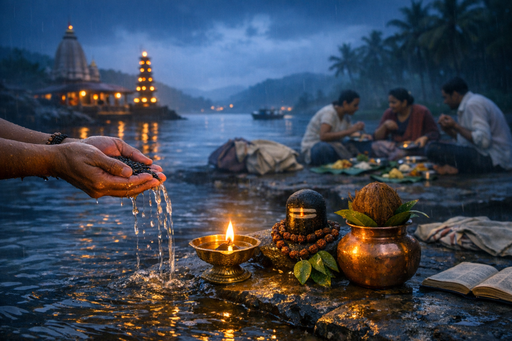 Monsoon dusk at a riverside shrine: hands pour water by a lit diya, Shiva lingam, and copper kalash with coconut; a family eats as temple lights glow across the river. {post.categories}