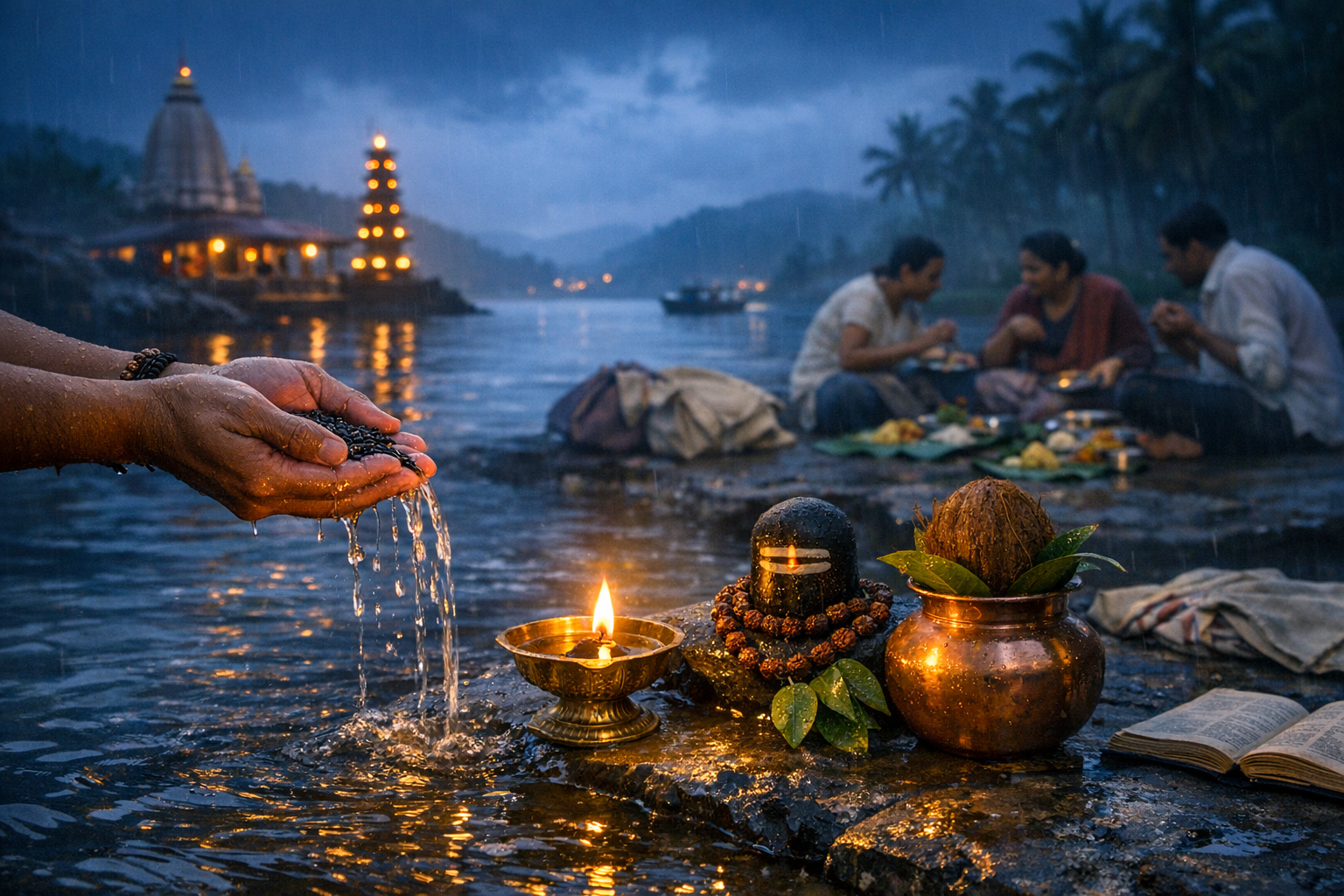 Monsoon dusk at a riverside shrine: hands pour water by a lit diya, Shiva lingam, and copper kalash with coconut; a family eats as temple lights glow across the river. {post.categories}