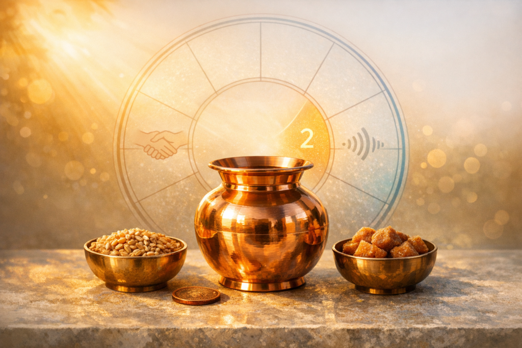 Golden light illuminates a copper kalash flanked by bowls of wheat and jaggery with a coin in front, set against a zodiac-style astrology wheel marked 2 with handshake and sound icons.