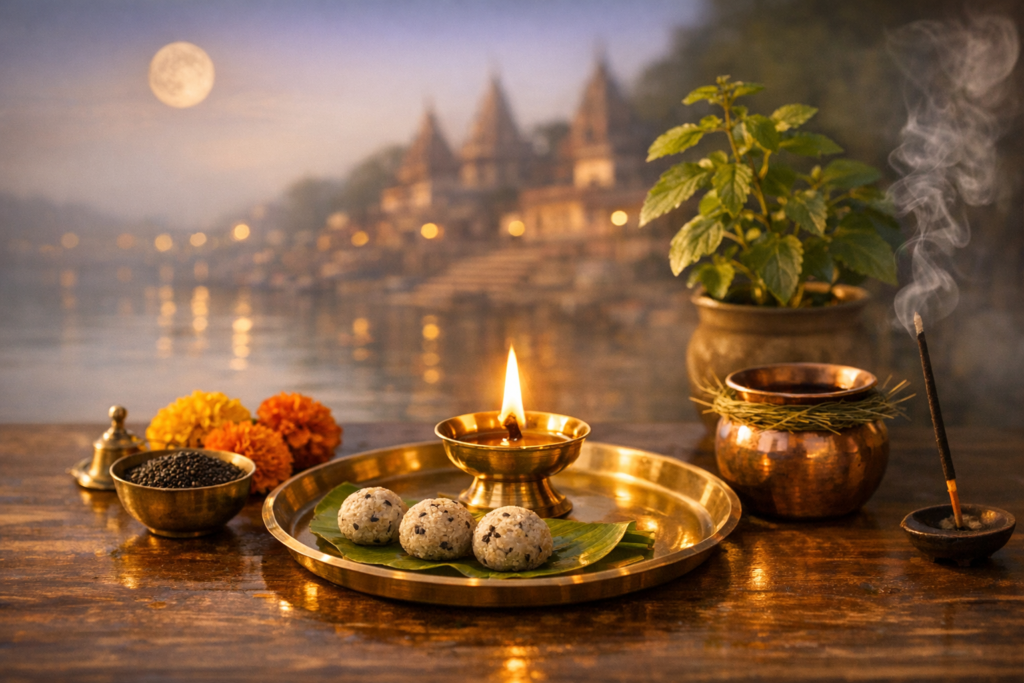 Brass puja thali with lit diya, sesame rice sweets, marigolds, incense, and a tulsi plant on a riverbank; moonlit ghats and temple spires glow in soft focus, evoking a sacred evening.