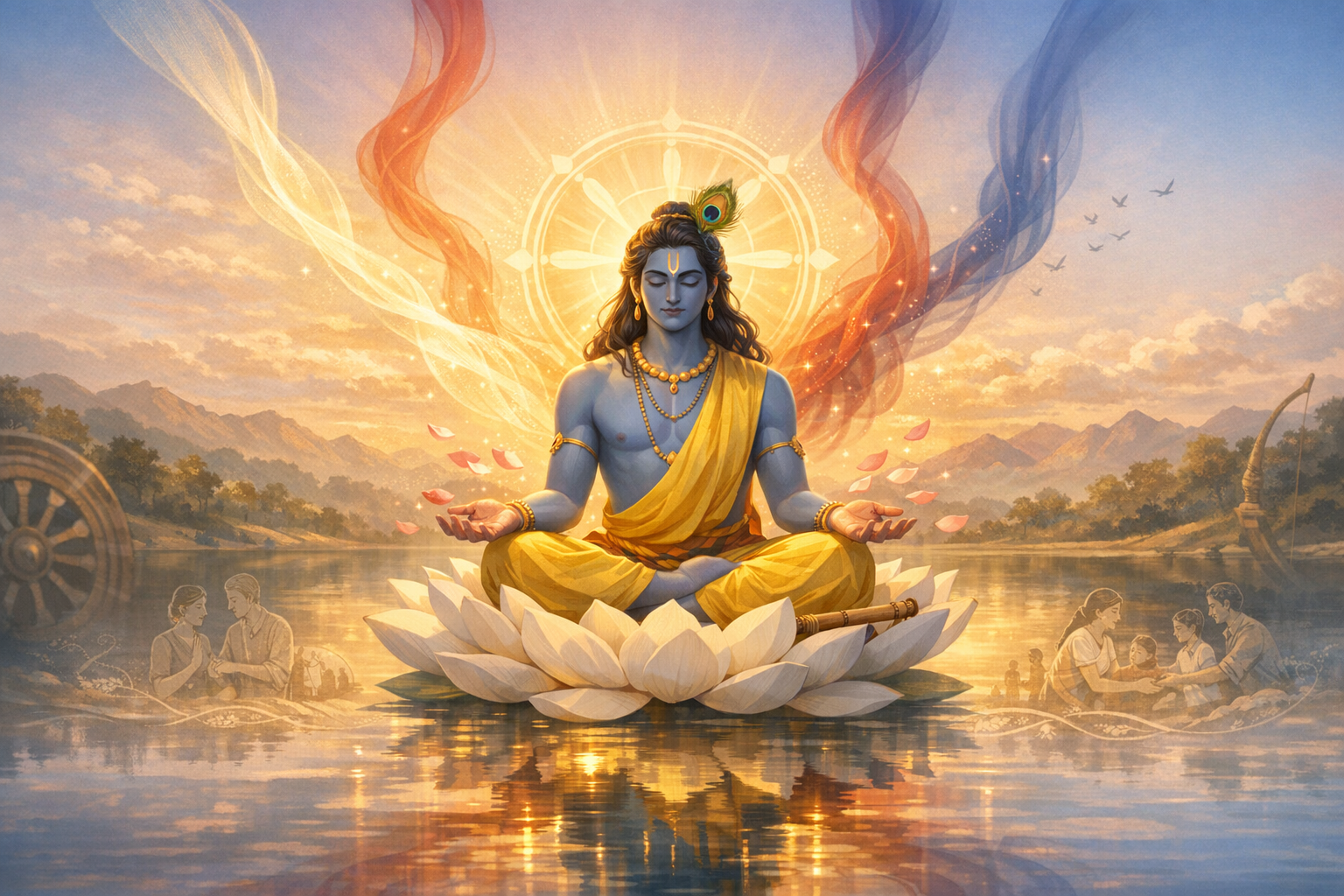 Blue-skinned Krishna meditates on a lotus above a reflective river at sunrise, haloed by a radiant chakra and drifting petals, with distant mountains; spirituality, meditation, Bhagavad Gita.