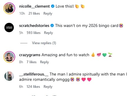 Screenshot of Instagram comments reacting to a viral video of a Vampire Diaries star with a spiritual guru; fans reply with emojis, likes, and notes like 'Love this' and 'Not on my 2026 bingo card'.