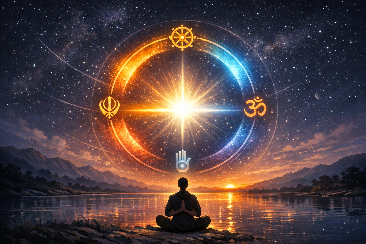 Seated figure meditates by a lake at sunrise, framed by mountains and stars, under a luminous ring showing the Om, Dharma Wheel, Sikh symbol, and Jain hand around a bright core.